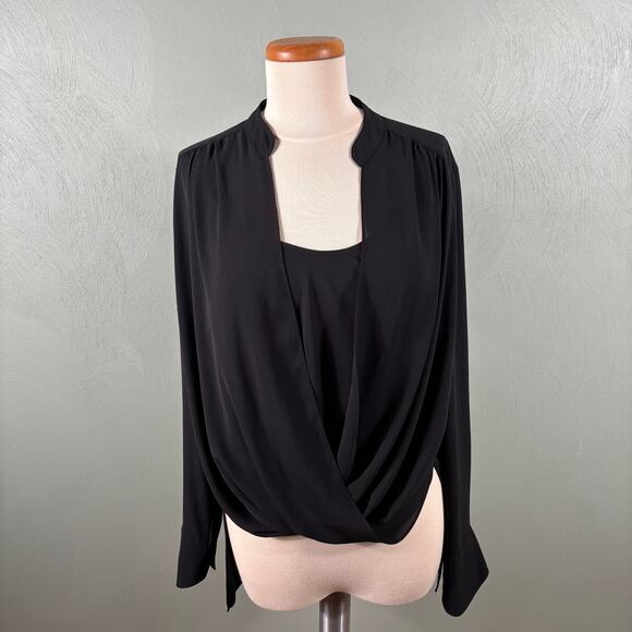 BCBG Top Max Azria Jaclyn Womens Medium Black Long Sleeve Draped Highlow Blouse - Picture 10 of 12